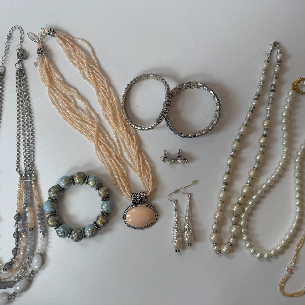 Cottagcore Jewelry Lot Faux Pearls, Vintage Style Bracelet, Earrings, Necklace